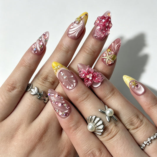 Hand‑worn mermaid ocean theme press on nails long almond 3D seashell starfish nail art
