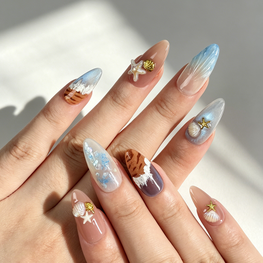Close Up Beach Nail Art, 3D Starfish Shell Wave Blue Iridescent Foil Decor