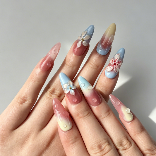 Soft Pastel Gradient Press On Nails, 3D Flower Water Drop Nails on Hand