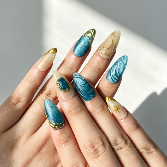 Celestial Star Moon Press On Nails, Medium Almond Nude Blue Glitter Gold Metal Gem Nails on Hand, Luxury Ocean Reusable Fake Nail Tips