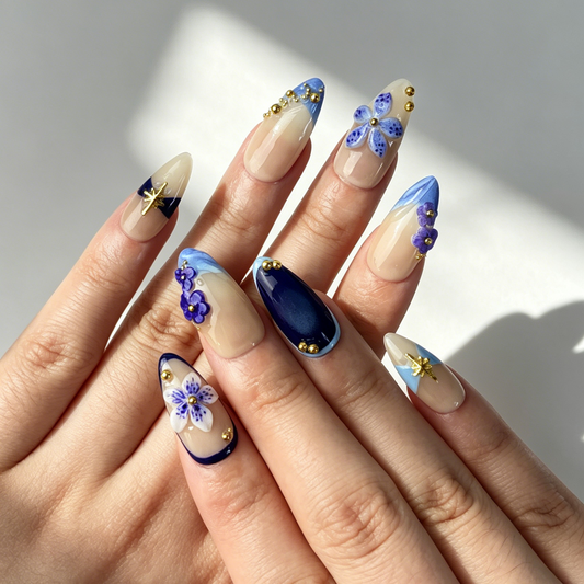 Elegant Dark Blue Gradient Press On Nails, Medium Almond Nude 3D Blue Flower Gold Star Bead Nails on Hand, Reusable Gentle Fake Nail Tips