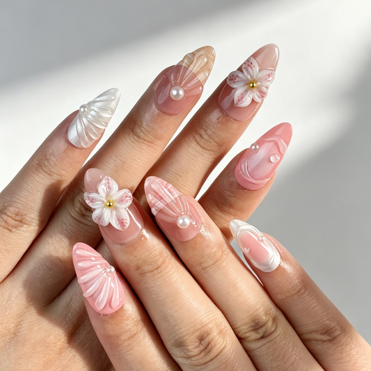 Hand Painted Spring Cherry Blossom Press On Nails, Medium Almond Nude Pink 3D Flower Shell Pearl Nails on Hand, Soft Gentle Fake Nail Tips