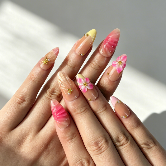 Soft Beach Floral Press On Nails, Gradient Pink Flower Starfish Nails on Hand