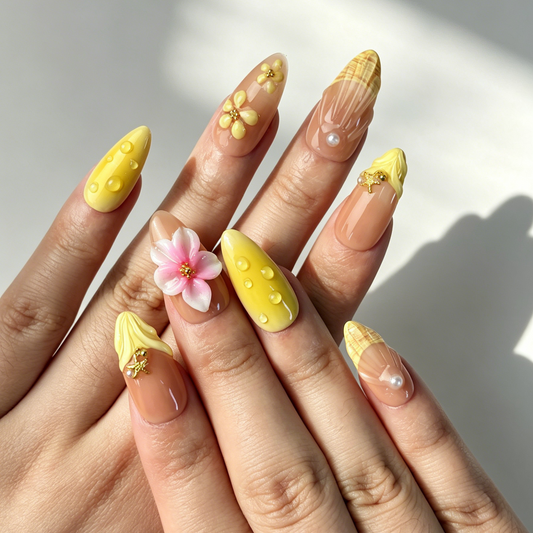 Pastel Floral Press On Nails, Nude Yellow Gradient Flower Nails on Hand