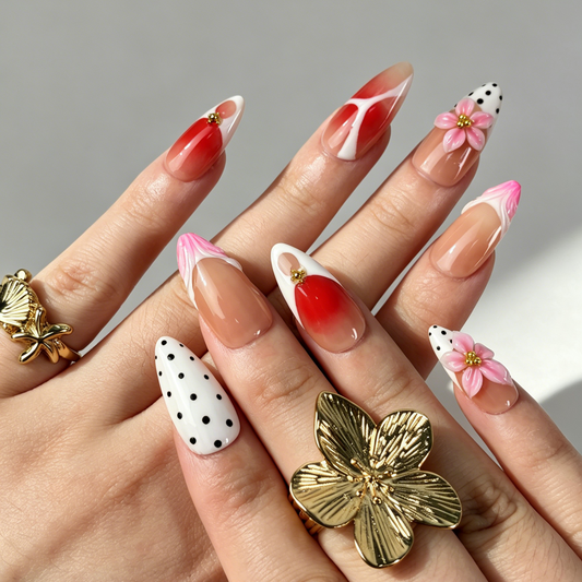 Cute Red Nude Press On Nails, 3D Flower Polka Dot Nails on Hand