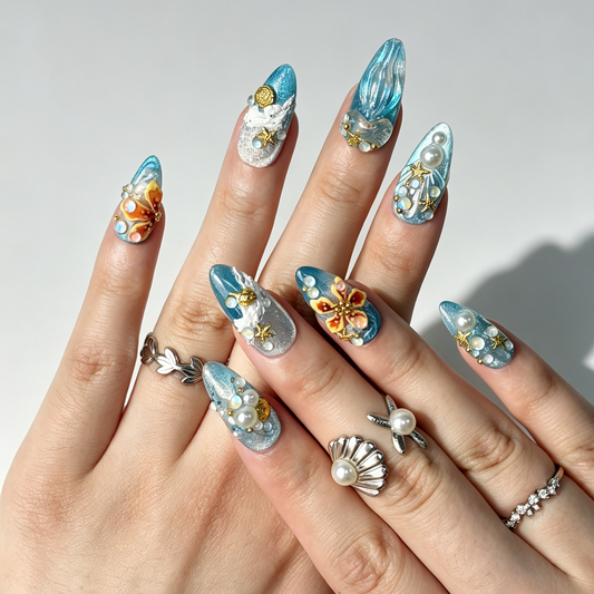 Turquoise Mermaid Bay teal cat eye almond press on nails on hand, 3D jellyfish butterfly starfish shell pearl summer ocean nail art