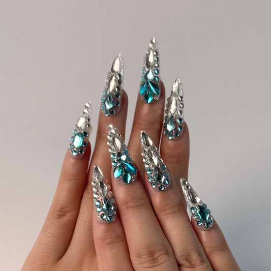 Glam Luxury Press On Nails, Silver Textured Base Blue Crystal Rhinestone Nails on Hand