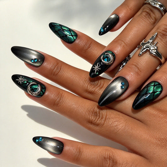Model hand wearing Azure Seraph almond celestial ocean reusable press on nails