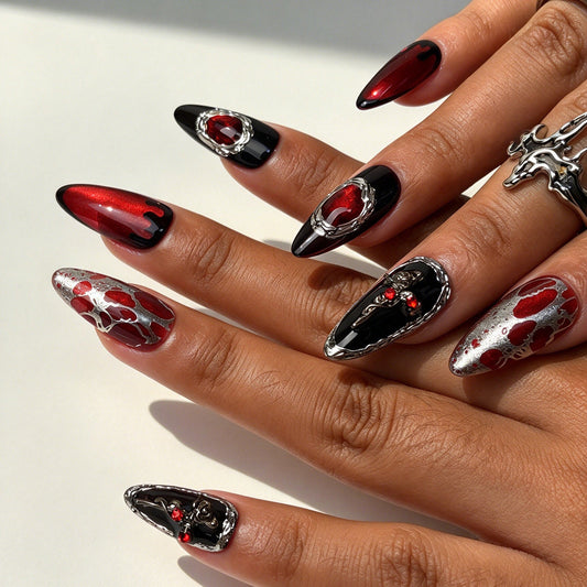 Blood Oath almond press on nails, black red blood drip French tip gothic nail art on hand