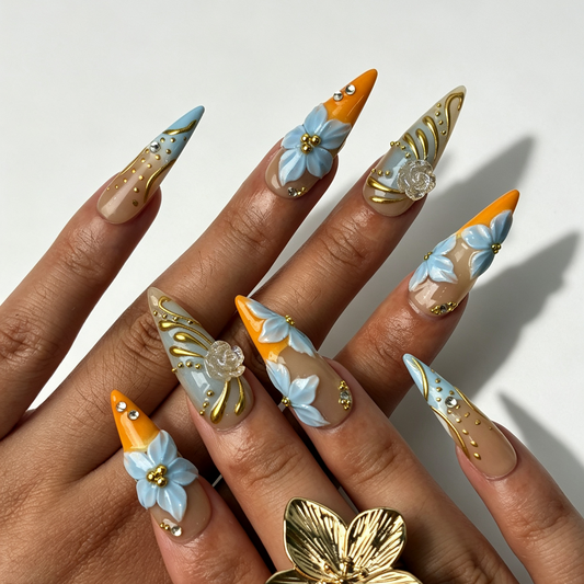 Citrus Aqua summer stiletto press‑on nails on hand, vacation manicure look