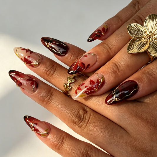 Crimson Vein handmade almond press on nails, elegant wine red black ombre maple leaf nail art on hand