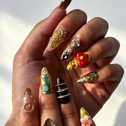Retro Citrus bold vintage almond false nails close-up, leopard print, gold swirl and turquoise inlay manicure