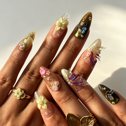 Iris‑Swirl fantasy butterfly floral medium almond press‑on nails hand manicure view