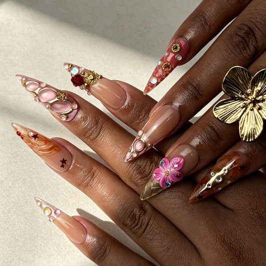 Peach Floris Floral Rhinestone Stiletto Nails Hand Wear Display