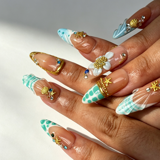 Ocean theme almond press on nails, sea shell starfish handmade fake nails on hand