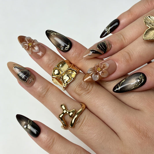 Hazel Aura handmade almond press on nails, vintage 3D flower butterfly nail art on hand