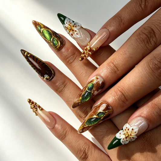 Gilded Jungle luxury stiletto press‑on nails on‑hand, party special‑event manicure