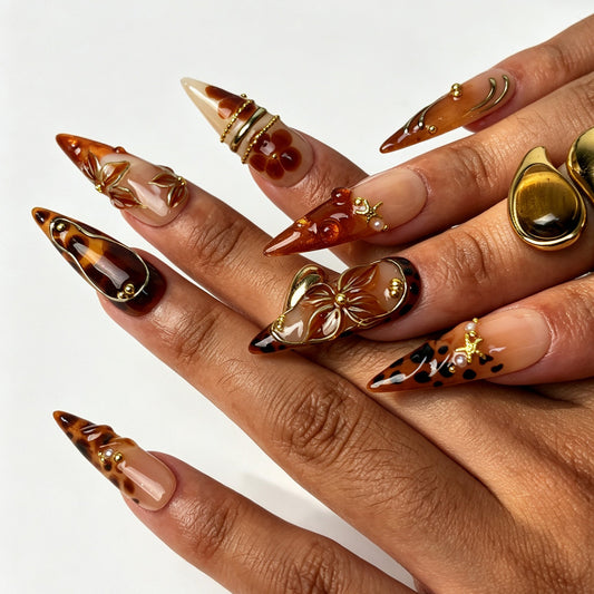 Amber Gold handmade stiletto press on nails, luxurious vintage golden autumn nail art on hand