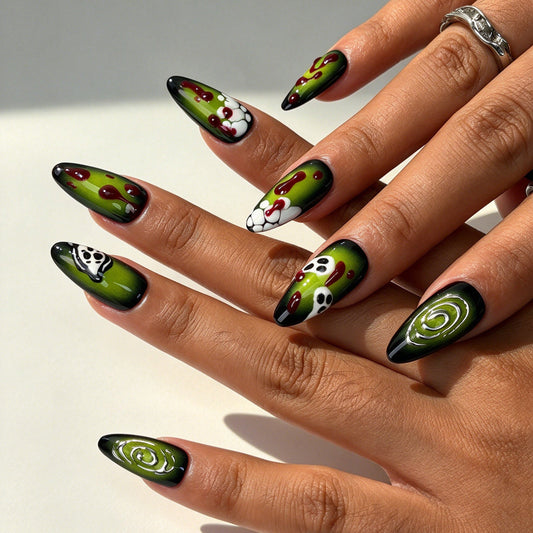 Model hand wearing toxic specter press on nails, almond shape Halloween fake nails