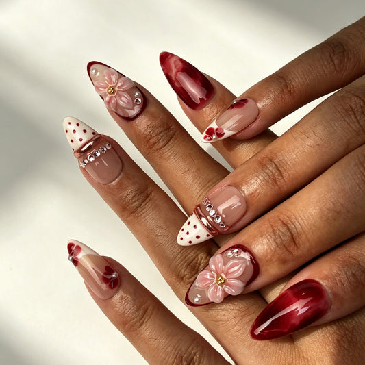 Crimson Bloom wine red press on nails on hand romantic evening party manicure