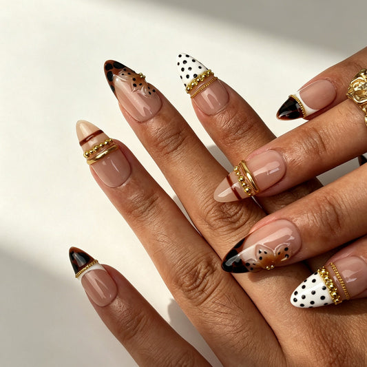 Leopard Ribbon retro coffee tone press on nails on hand dating party manicure