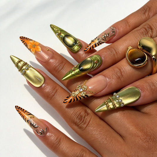 Wild Cross stiletto press on nails, tiger print olive chrome nail art with gold bead chain on hand