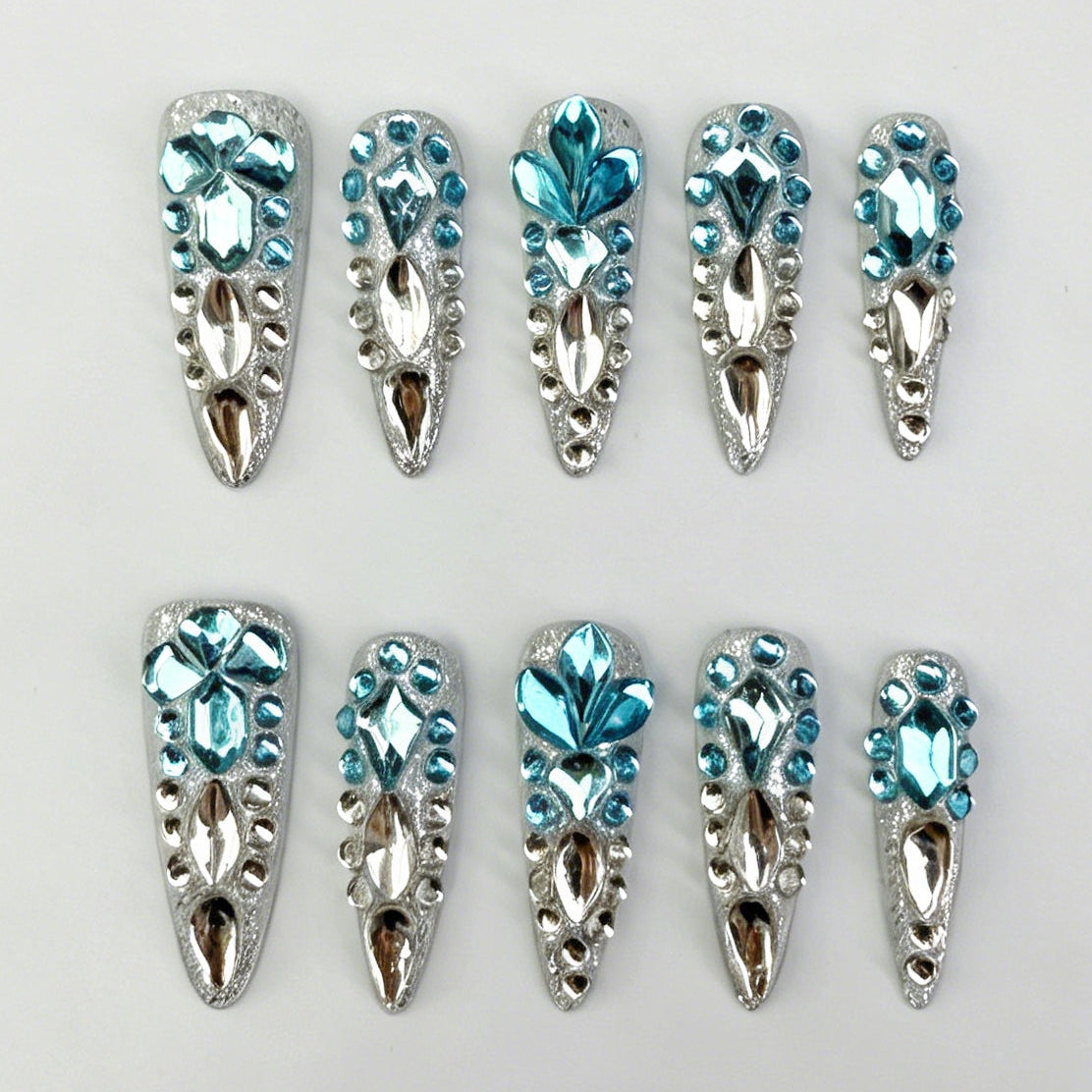 Long Stiletto Press On Nails, Silver Metallic Sky Blue Rhinestone Luxury Fake Nail Set