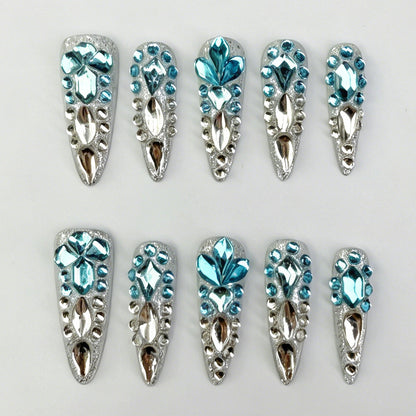 Long Stiletto Press On Nails, Silver Metallic Sky Blue Rhinestone Luxury Fake Nail Set
