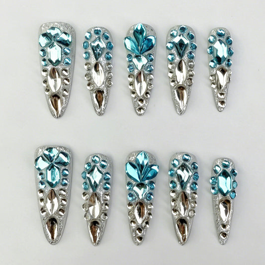 Long Stiletto Press On Nails, Silver Metallic Sky Blue Rhinestone Luxury Fake Nail Set