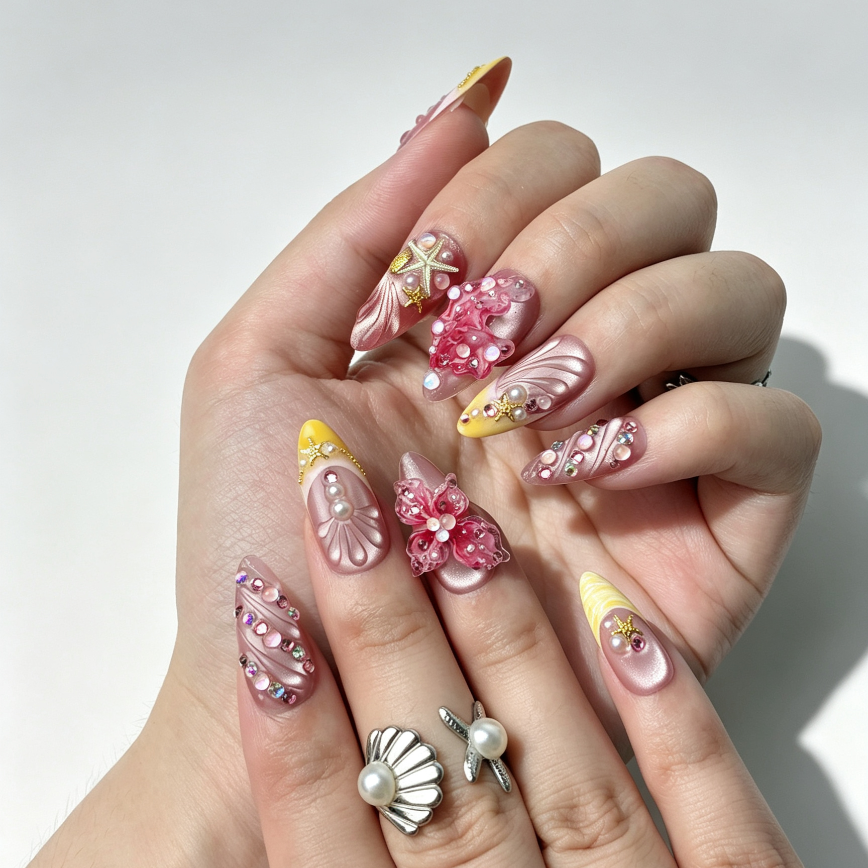 Sweet Pastel Ocean Press On Nails, Medium Almond Pink Cat Eye Fake Nails