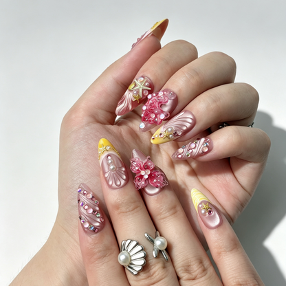 Sweet Pastel Ocean Press On Nails, Medium Almond Pink Cat Eye Fake Nails