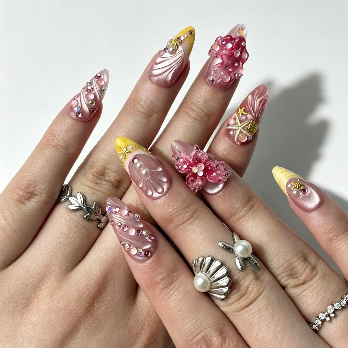 Hand‑worn mermaid ocean theme press on nails long almond 3D seashell starfish nail art