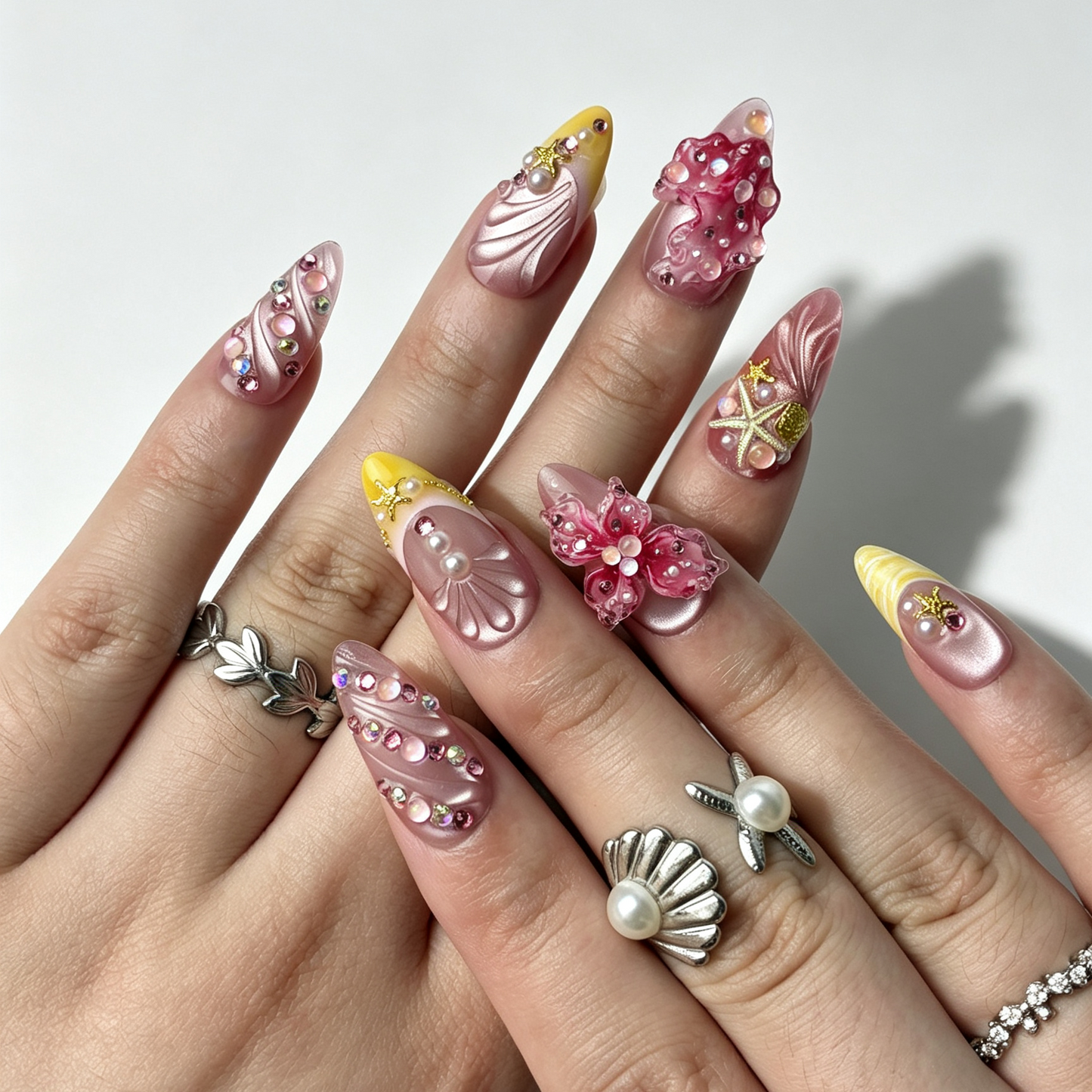 Soft Mermaid Press On Nails, Pink Yellow Gradient Cat Eye Jellyfish Starfish Nails on Hand