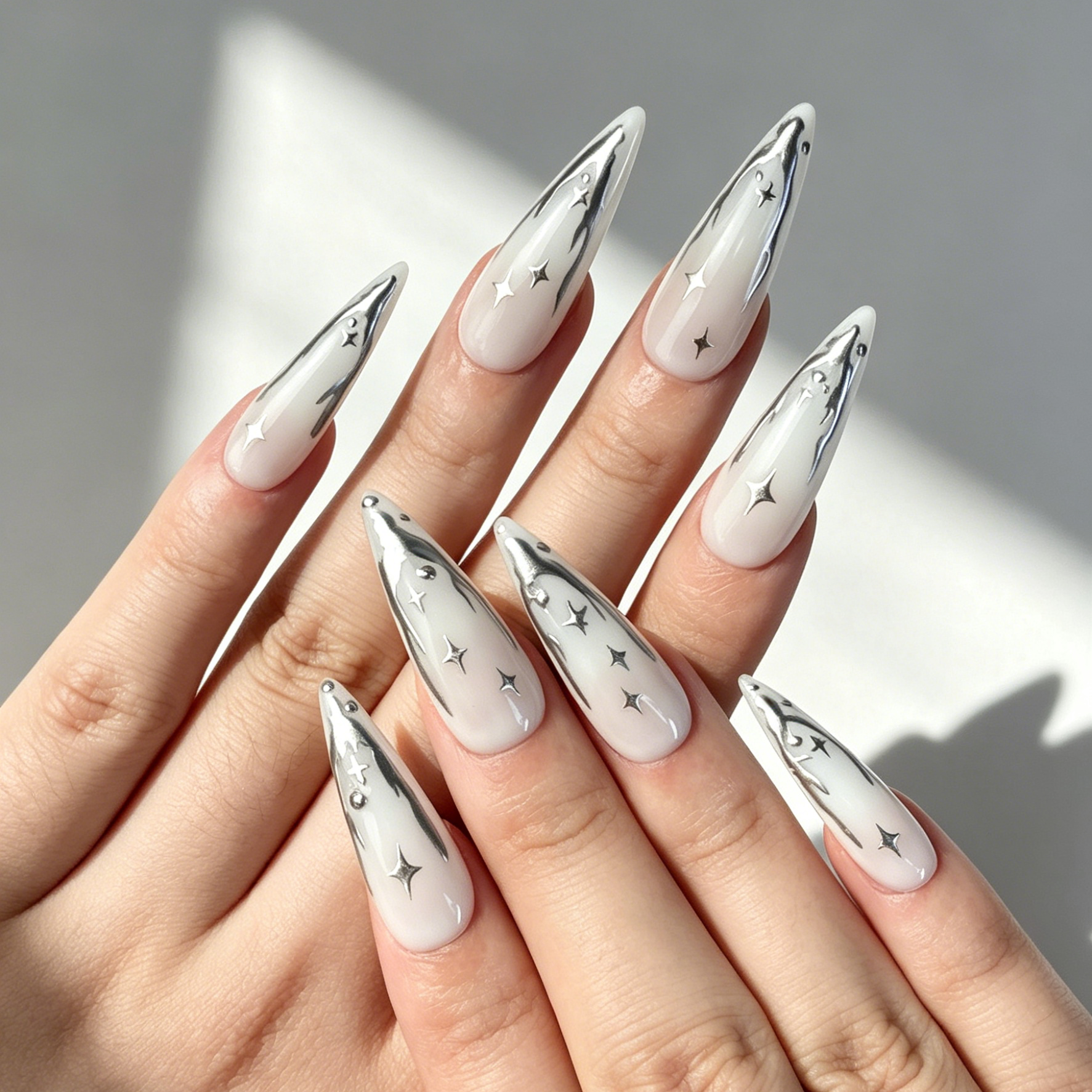 Close Up Nail Art, Silver Four-pointed Star Mirror Metallic Decor