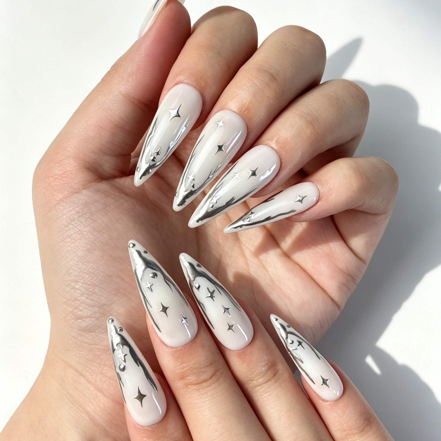 Minimalist Y2K Press On Nails, White Silver Star Mirror Nails on Hand