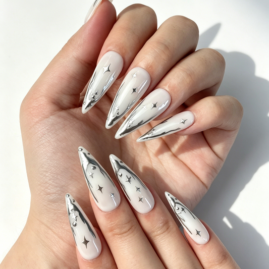 Minimalist Y2K Press On Nails, White Silver Star Mirror Nails on Hand