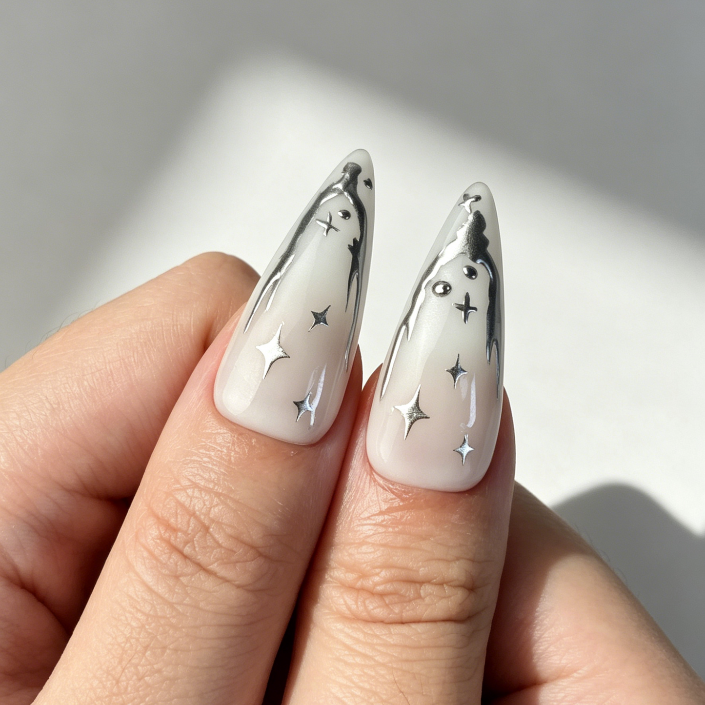 Y2K Star Mirror Press On Nails, Long Stiletto White Fake Nails