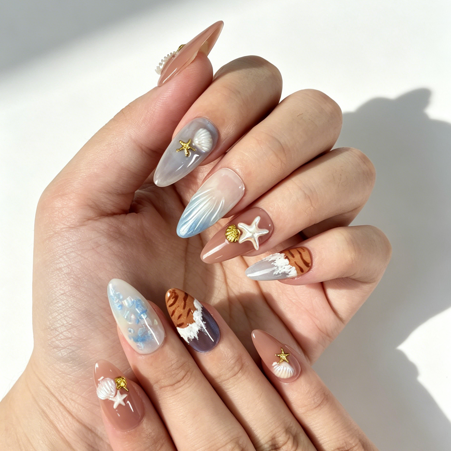 Coastal Gradient Press On Nails, Nude Blue Cat Eye Ocean Starfish Shell Nails on Hand