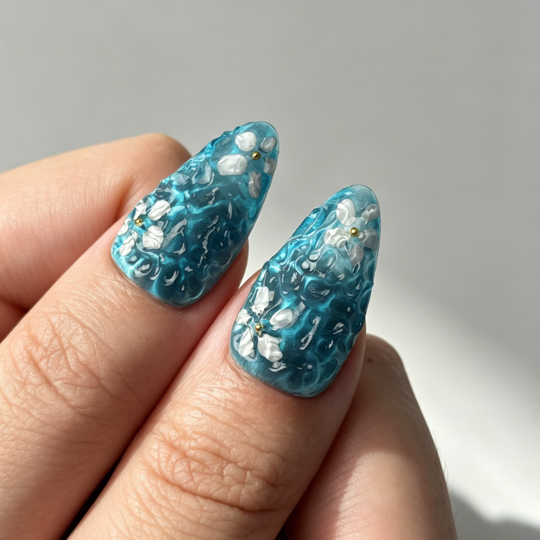 Elegant Teal Ocean Floral Press On Nails, Medium Almond Fake Nails