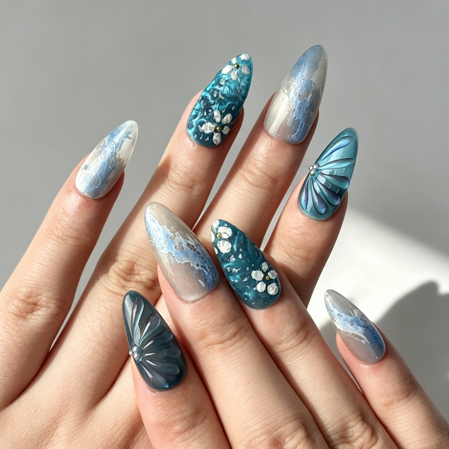 Cool Ocean Cat Eye Press On Nails, Teal Silver Gradient Floral Nails on Hand