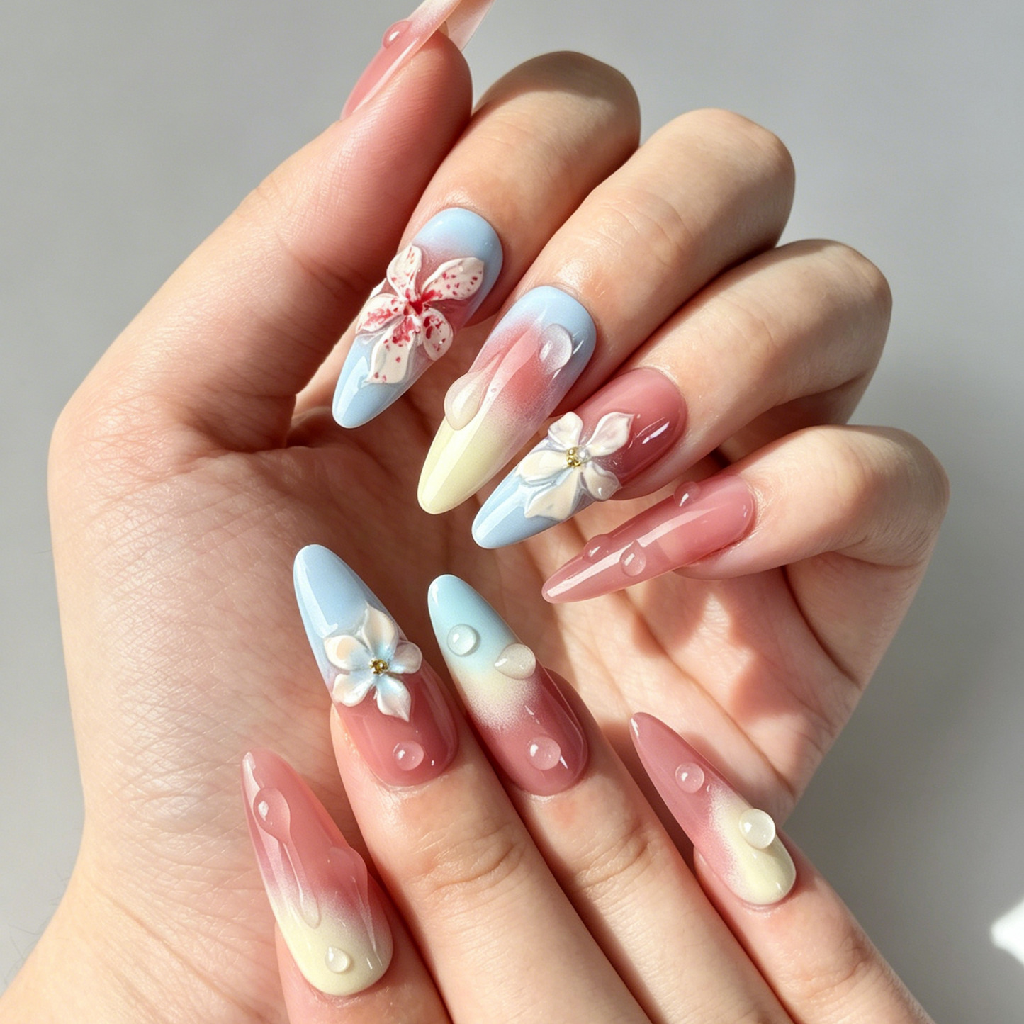 Close Up Nail Art, 3D Pink Floral Embossed Water Drop Decor