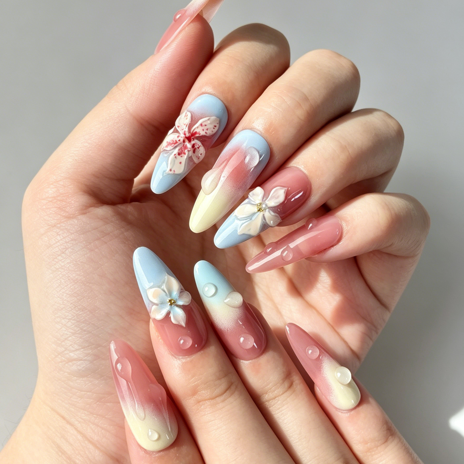 Close Up Nail Art, 3D Pink Floral Embossed Water Drop Decor