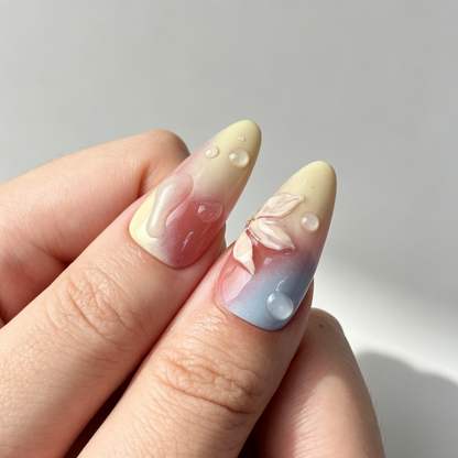 Sweet Spring Floral Press On Nails, Long Almond Gradient Fake Nails