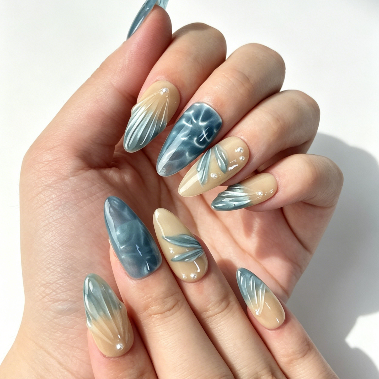 Minimalist Cat Eye Press On Nails, Nude Teal Metallic Leaf Nails on Hand