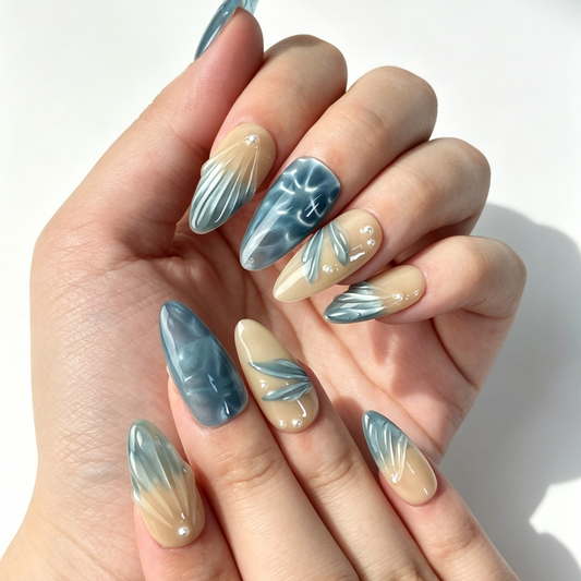 Minimalist Cat Eye Press On Nails, Nude Teal Metallic Leaf Nails on Hand