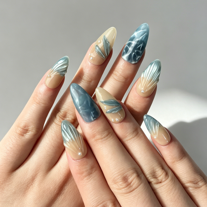 Close Up Nail Art, 3D Embossed Leaf Teal Cat Eye Pearl Decor