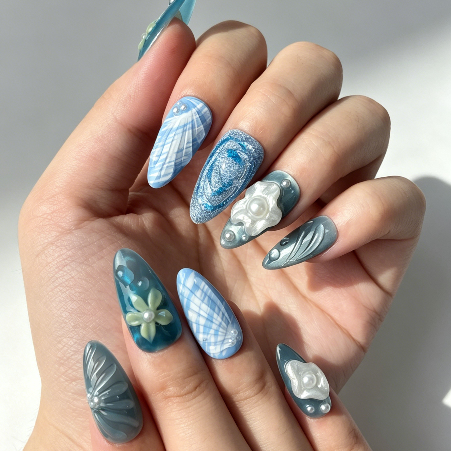 Close Up Ocean Nail Art, 3D Floral Shell Water Drop Pearl Glitter Decor