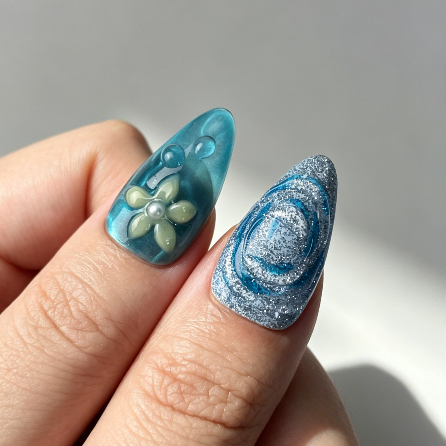 Summer Teal Ocean Floral Press On Nails, Medium Almond Fake Nails