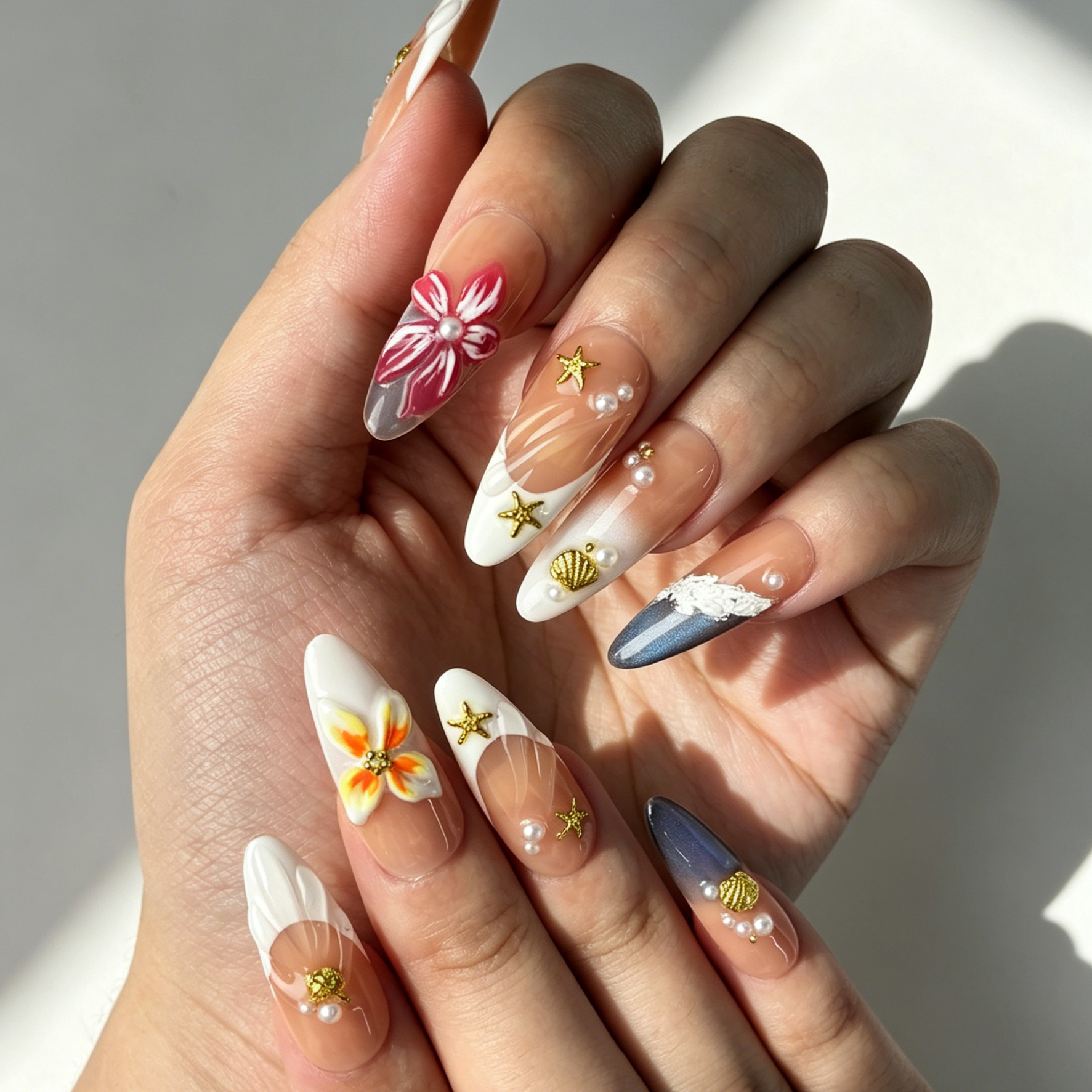 Close Up Ocean Nail Art, 3D Red Floral Starfish Shell Pearl Wave Decor