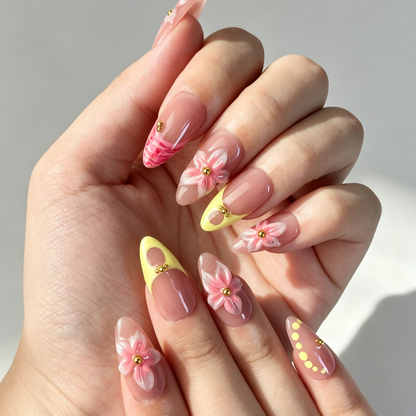 Close Up Nail Art, 3D Pink Yellow Flower Gold Bead Decor